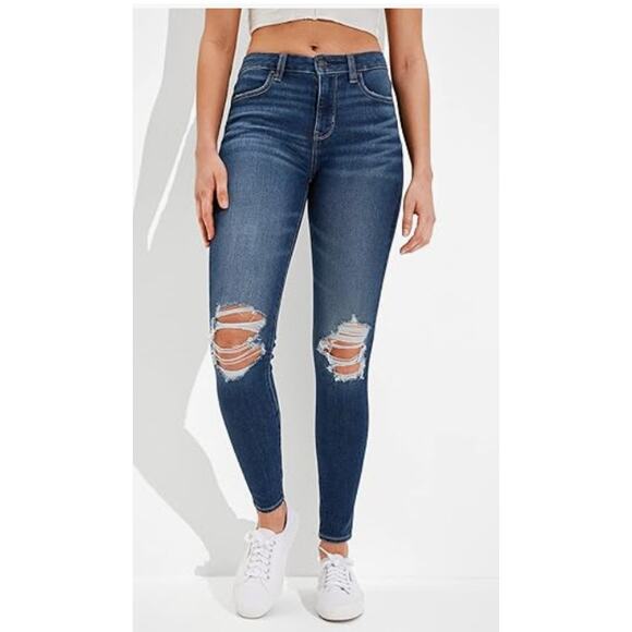 American Eagle Mid-Rise Jeans WMNS 4 Blue Denim Distressed Next Level Stretch - Picture 3 of 12
